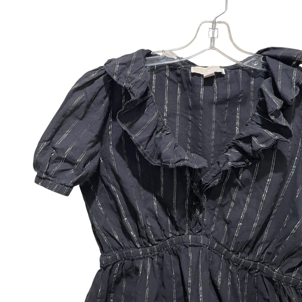 MICHAEL Michael Kors Womens Metallic Striped Ruffled Top Blouse Black Size Large - Picture 4 of 8